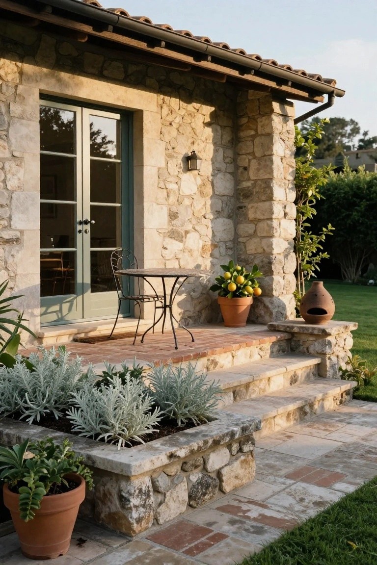 Rustic stone cottage exterior wall with sage green double doors and window, small metal bistro table and chair on the landing, potted lemon tree, stone steps edged with silver-leaf shrubs and plants in terracotta pots, leading to a brick path and lawn.
