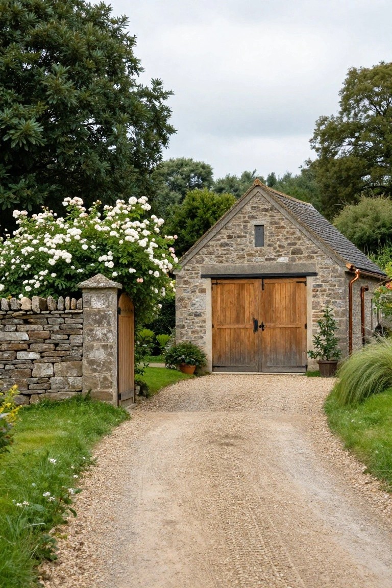 Stone garage building with double wooden doors, stone wall and gate covered in white flowering roses, gravel driveway, potted plants, and surrounding trees and greenery.