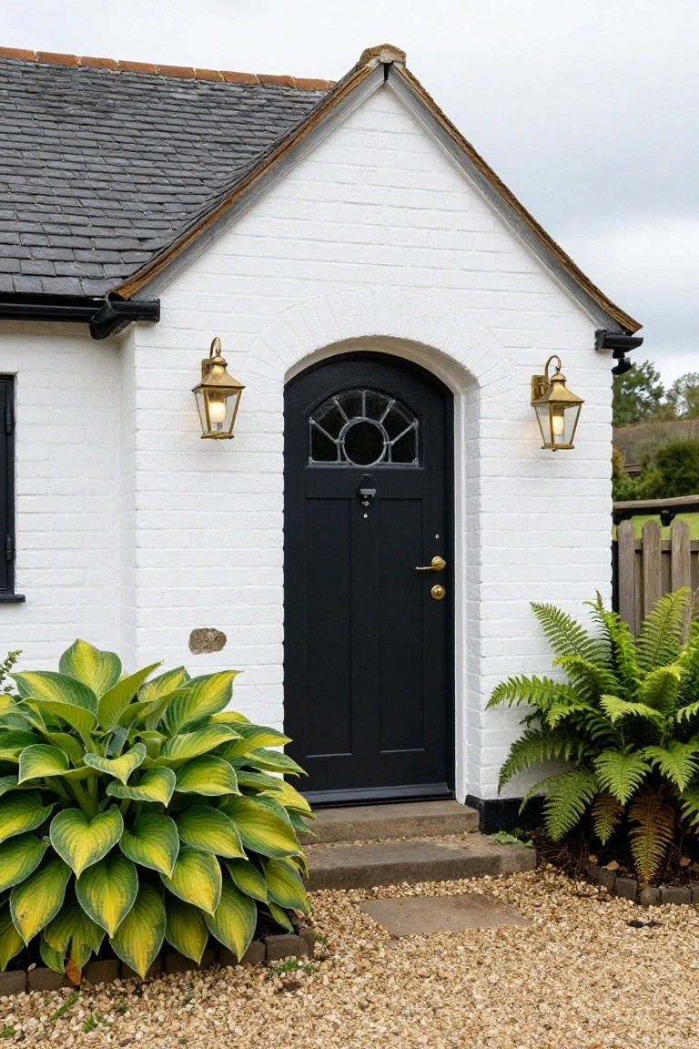White brick cottage gable end with black arched front door featuring fanlight window, flanked by brass lanterns, hosta and fern plants at base, and gravel path.
