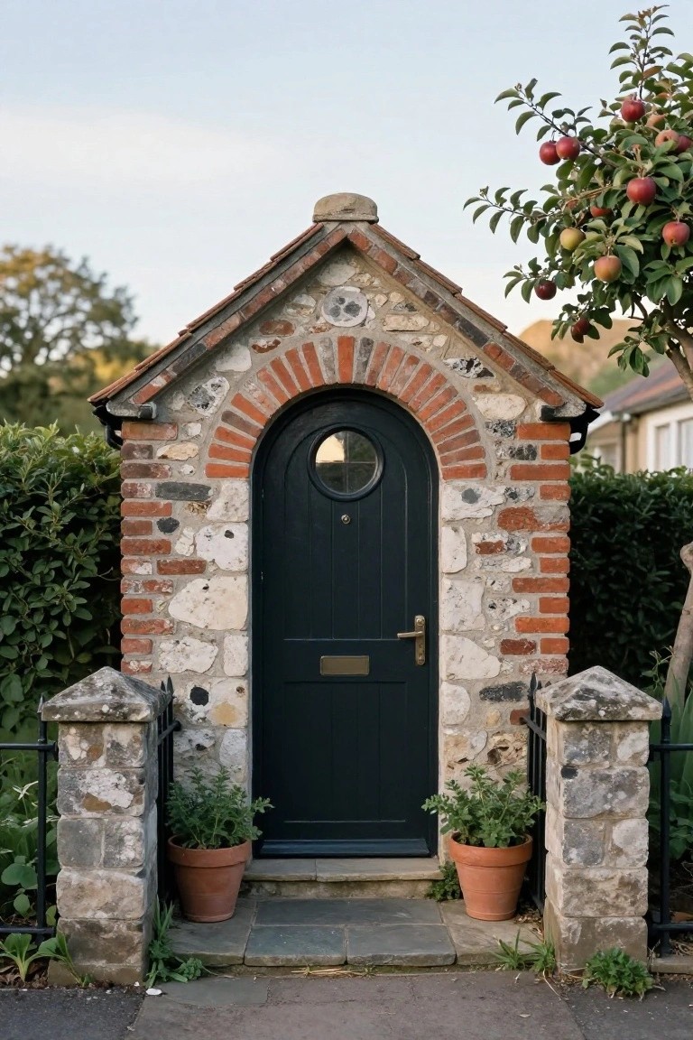 Small arched doorway entrance on a stone and brick cottage structure flanked by hedges, iron gate with stone pillars, potted plants, and an apple tree nearby.