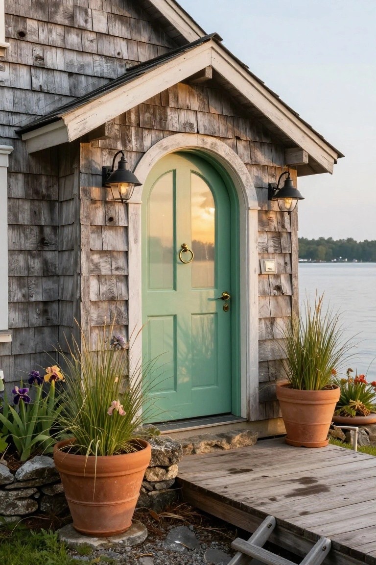 Weathered shingle siding on a cottage exterior with a mint green arched wooden door, flanked by black lanterns and large terra cotta pots of ornamental grasses and irises, on a wooden deck by a lake at sunset.