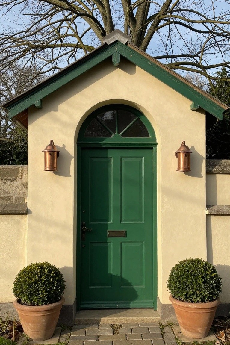 Small cottage structure with pale stucco walls, green wooden front door under arched window with green frame, flanked by copper lanterns, and two round topiary shrubs in terracotta pots on a brick path.