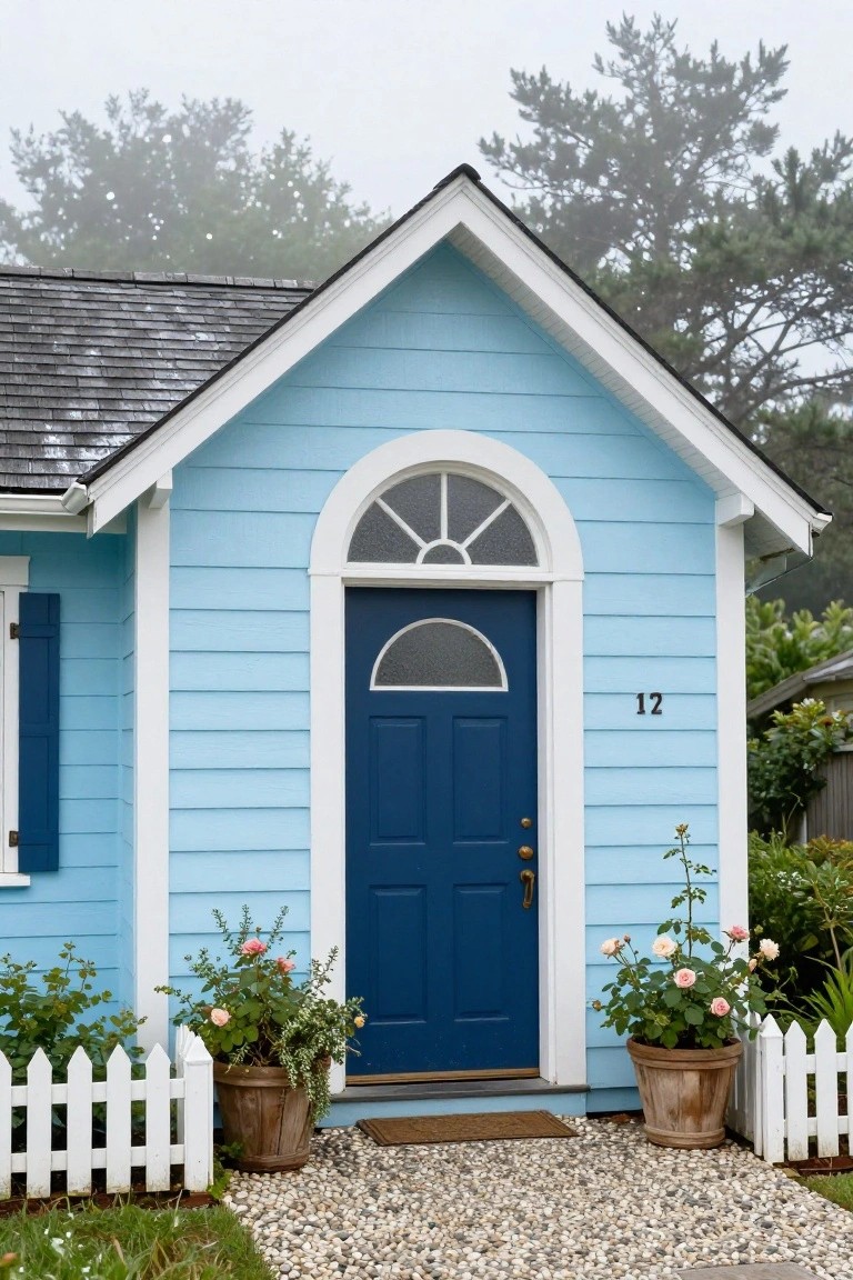 Light blue clapboard cottage with white trim, gabled roof, and navy blue arched front door numbered 12, flanked by potted pink roses in wooden planters, white picket fence, gravel entry path, misty background with pine trees.