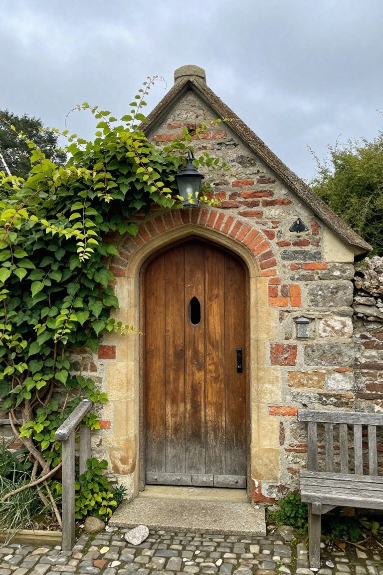 Stone and brick cottage exterior with a weathered wooden arched door, green ivy climbing the archway, a hanging lantern light, and a wooden bench on a cobblestone path.