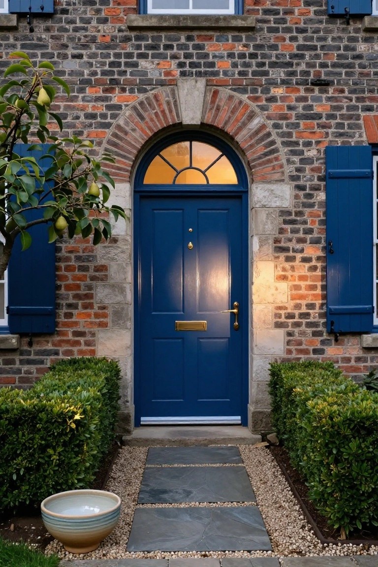 Brick house facade with arched stone entryway containing a deep blue front door and brass knocker, flanked by matching blue shutters, boxwood hedges, slate stone path, and terracotta planter.