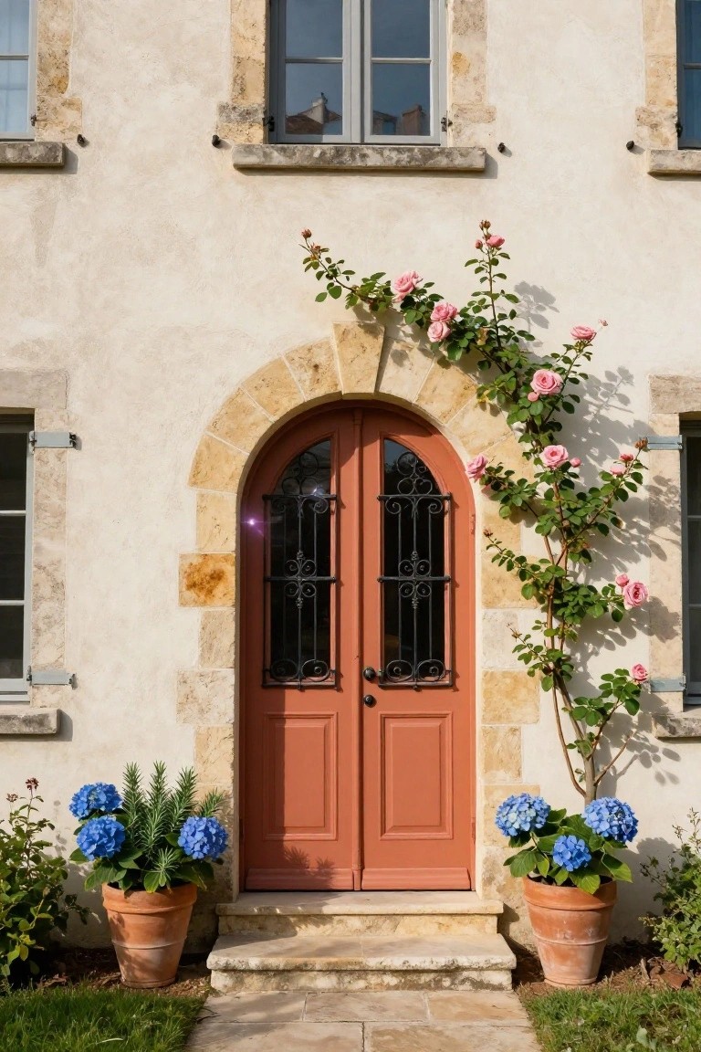 Light beige stucco house exterior with arched red double door, pink climbing roses over the stone archway, and blue hydrangea plants in terracotta pots flanking stone steps.