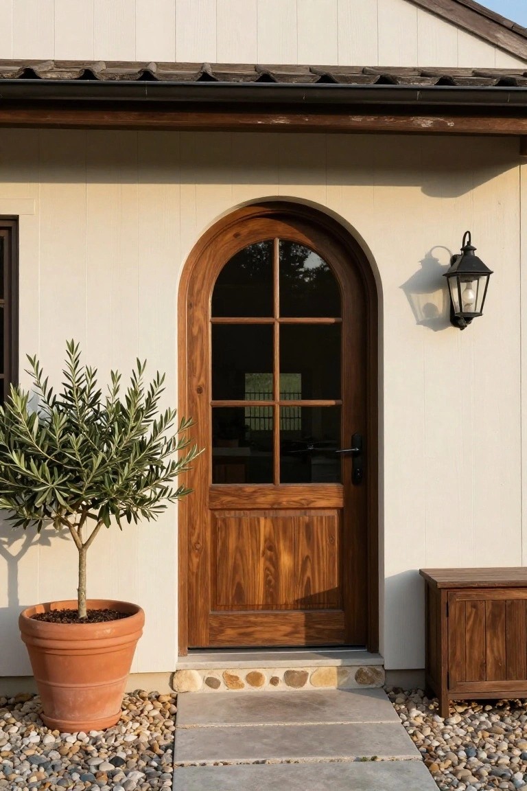 Beige stucco house exterior with a dark wood arched front door featuring six glass panes, black metal lantern light mounted beside it, potted olive tree to the left, wooden bench to the right, concrete path with stone steps and pebble ground cover.