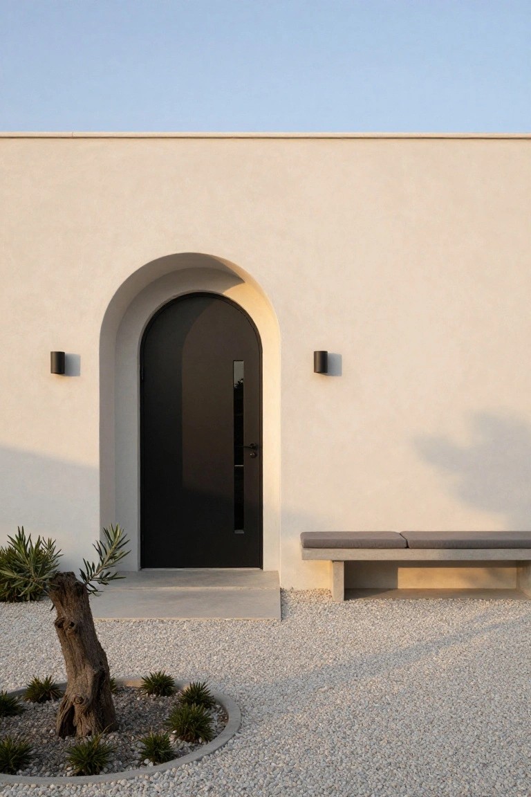 White stucco house exterior with a tall black door in an arched opening, black wall-mounted lights on each side, a concrete bench nearby, and a small gravel garden with plants and a tree stump.