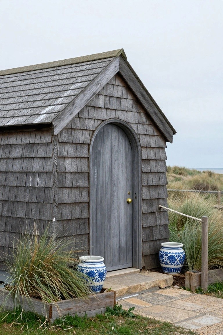 Small gray shingled wooden cottage with arched gray door and brass knob, flanked by dune grasses in wooden planter and two large blue and white porcelain pots, stone steps and path near beach dunes.