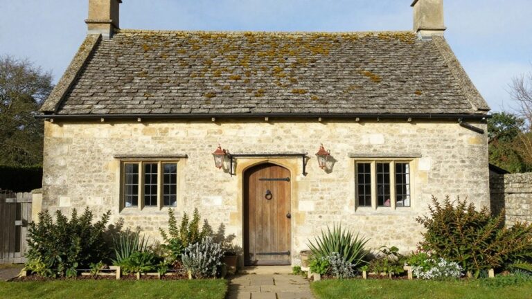 Stone cottage exterior with arched wooden door, copper lanterns on either side, mossy tiled roof, and low plants in boxes near the entrance path.