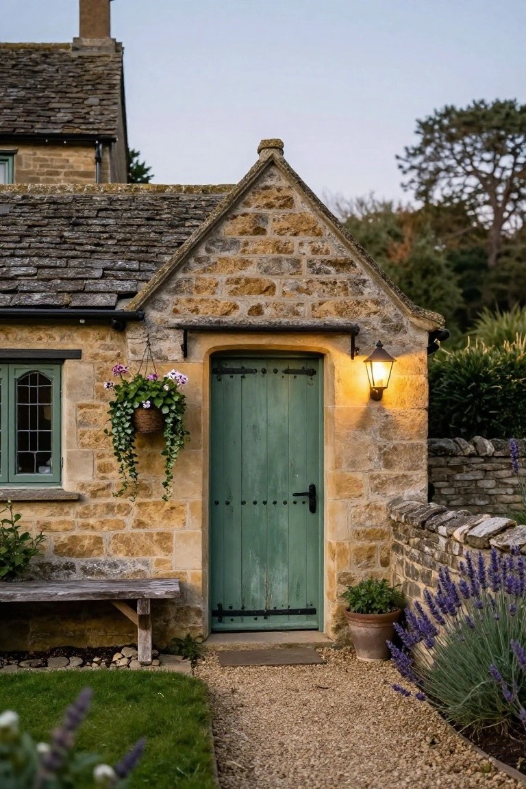 Stone cottage exterior with green arched wooden door, hanging basket of pink flowers, lit black lantern, wooden bench, lavender plants in pots and beds, gravel path, and low stone wall.