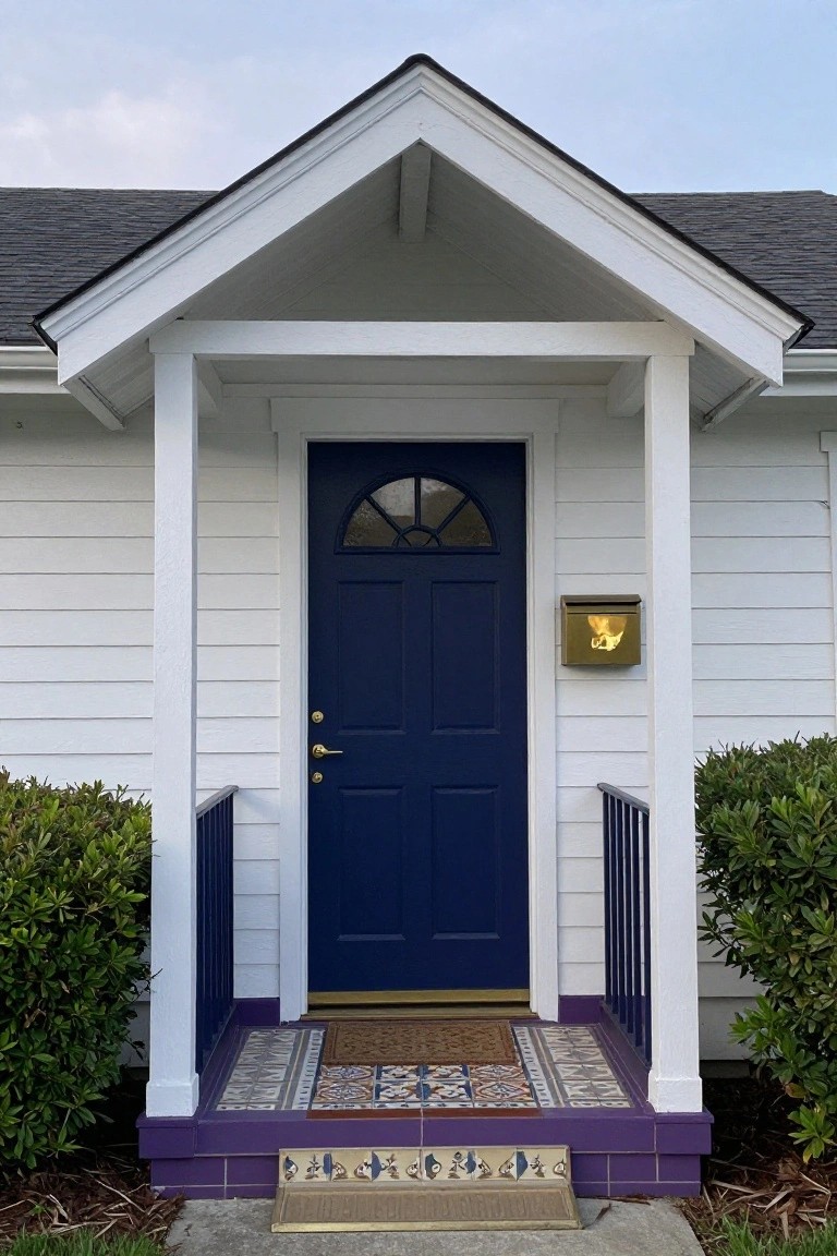 White clapboard house exterior featuring a navy blue front door with arched top window, small covered porch supported by white columns, gold door knocker, purple painted base, tiled entry step, and boxwood shrubs flanking the sides.