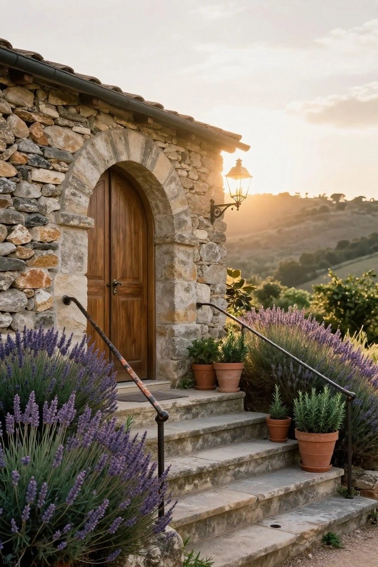 Stone cottage exterior with tall arched wooden double doors, rough stone walls, stone steps lined with lavender bushes and terracotta pots of rosemary, wall lantern, and distant hills at sunset.