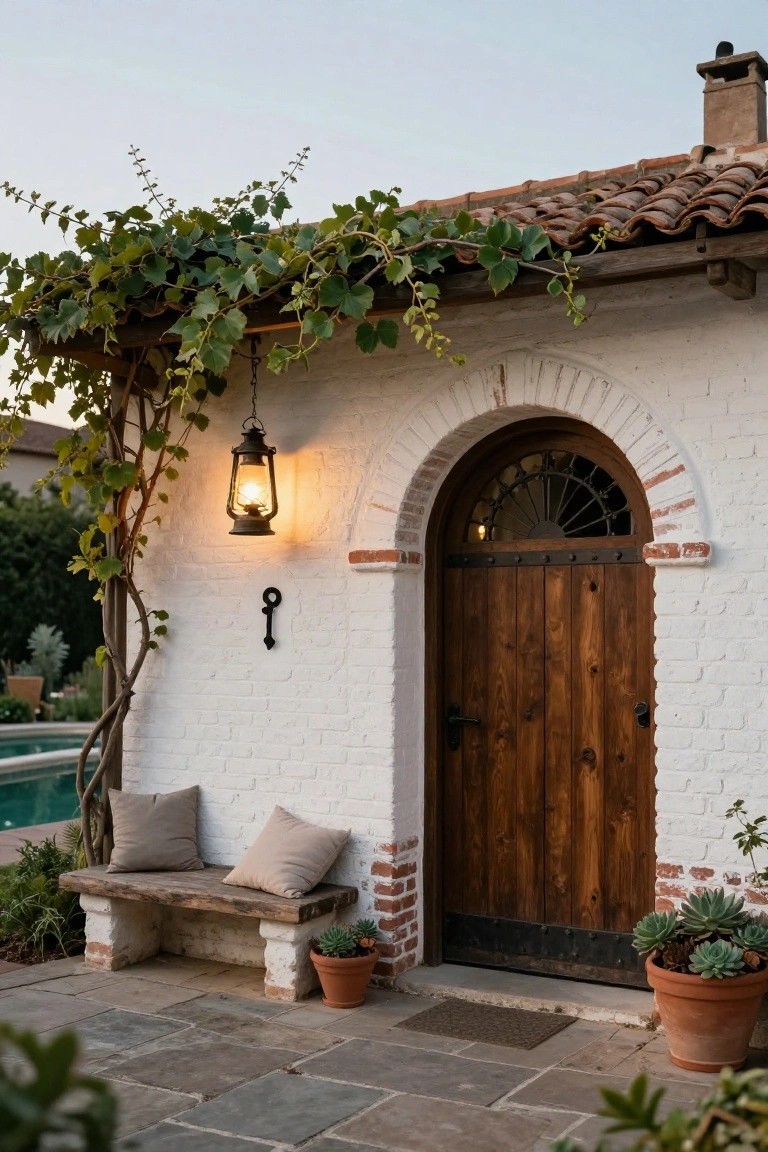 White brick cottage exterior with terracotta tile roof, arched dark wooden door with iron accents, hanging lantern light, vine trellis, wooden bench with cushions, potted succulents, and stone patio near a swimming pool.