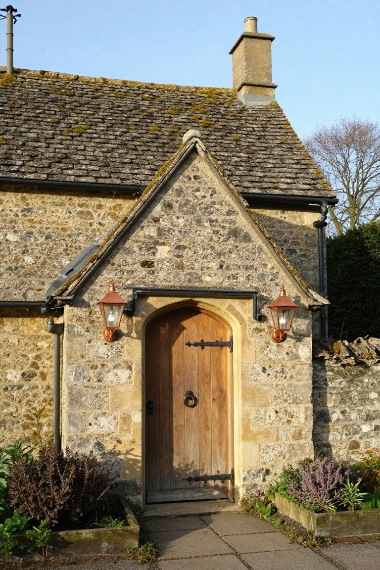 Stone cottage exterior with arched wooden door, copper lanterns on either side, mossy tiled roof, and low plants in boxes near the entrance path.