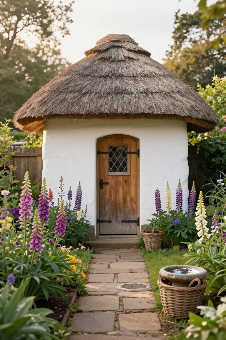 Small white thatched cottage with arched wooden door featuring leaded glass window, flanked by purple and white foxglove flowers, stone path leading to entrance amid garden plants and wicker baskets.