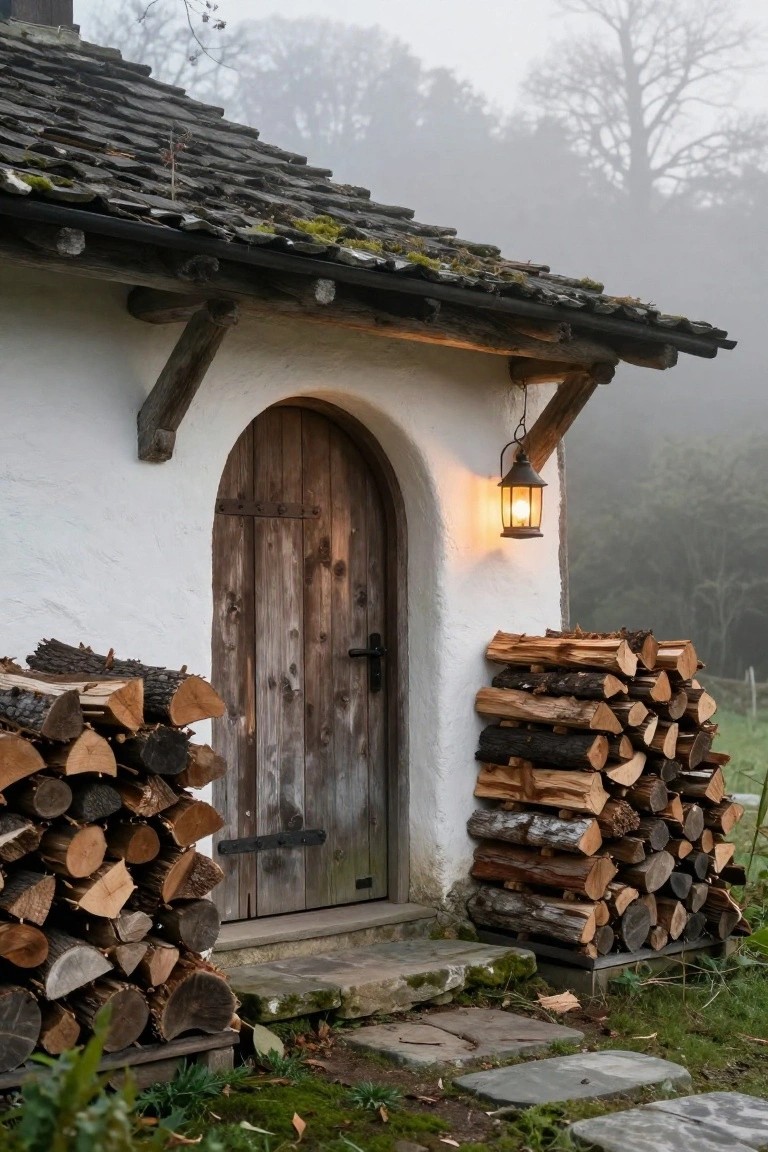White stucco cottage with mossy slate roof and arched wooden door, flanked by firewood stacks, hanging lantern, stone steps, and misty trees in background.