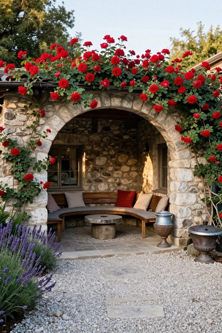 Stone arched outdoor structure overgrown with red climbing roses, containing a curved built-in wooden bench with cushions and pillows around a central round stone table, gravel floor, lavender plants, and metal urns nearby.