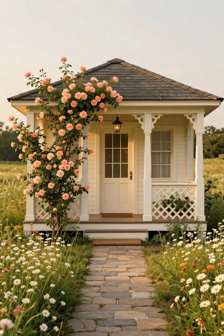 Small white cottage with covered porch partially covered in pink climbing rose vines, lit by a hanging lantern, approached by stone path amid wildflowers and greenery.