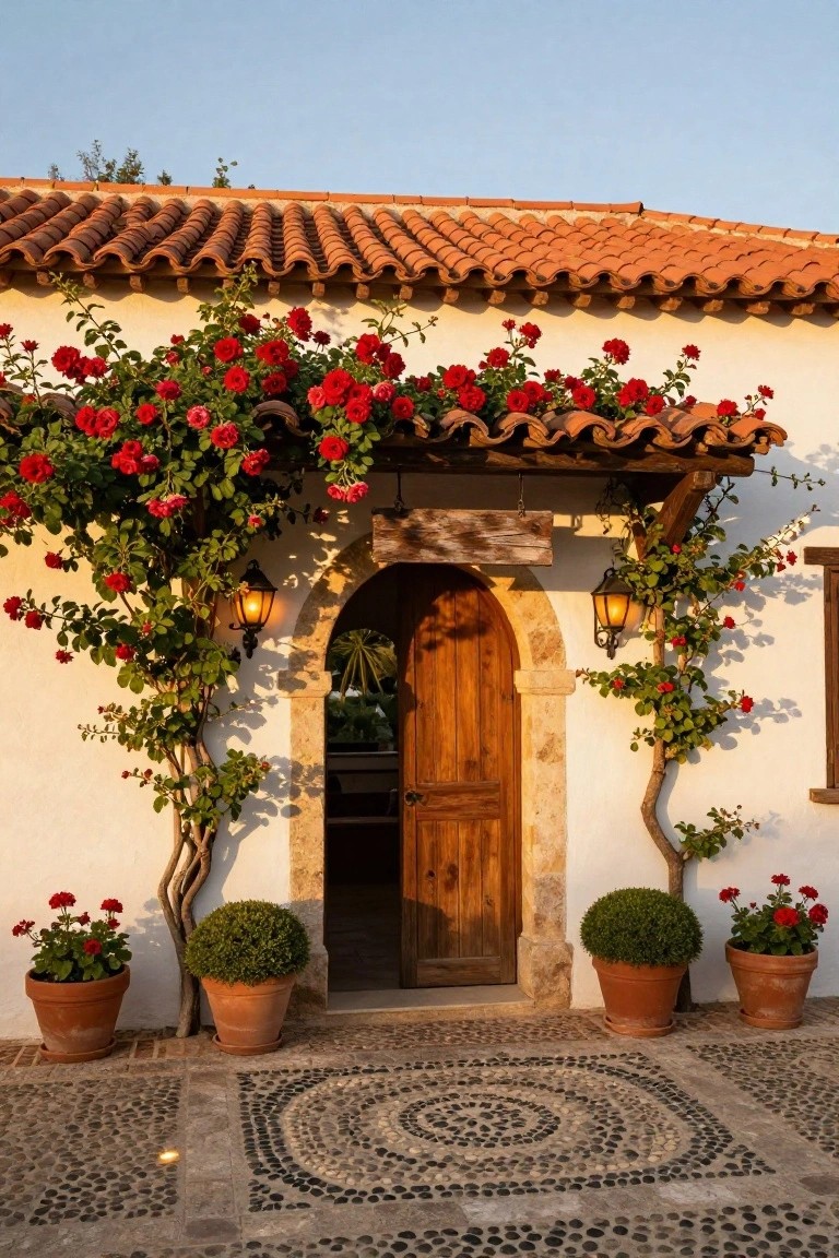 White stucco cottage exterior with terracotta tile roof, arched wooden door framed by red climbing roses on a pergola, wall lanterns, potted geraniums and boxwoods, and pebble mosaic floor in front.