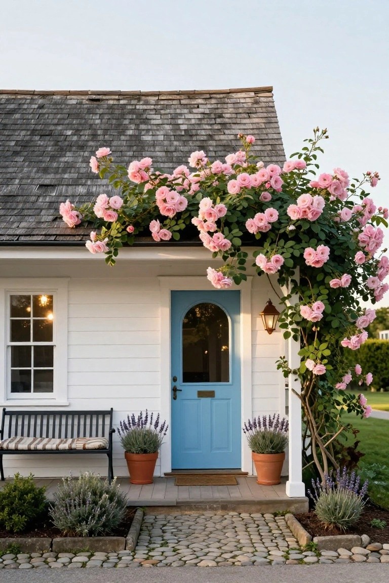 White shingled cottage exterior with pink climbing roses cascading over the corner by a turquoise arched front door, flanked by terracotta lavender pots and a black bench on a pebble path.