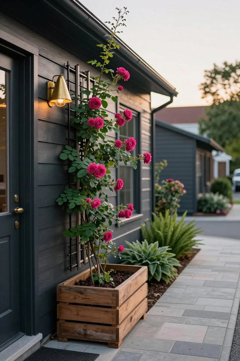 Dark gray wood-sided cottage exterior with pink climbing roses growing up a black metal trellis beside a glass-paneled door, lit by a brass wall sconce, wooden planter with agave plants, and gray paver pathway.