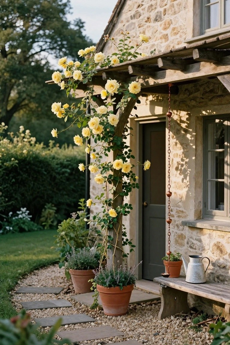 Stone cottage exterior featuring a dark green door under a wooden pergola covered in blooming yellow climbing roses, with potted plants, a bench, watering can, and gravel path nearby.