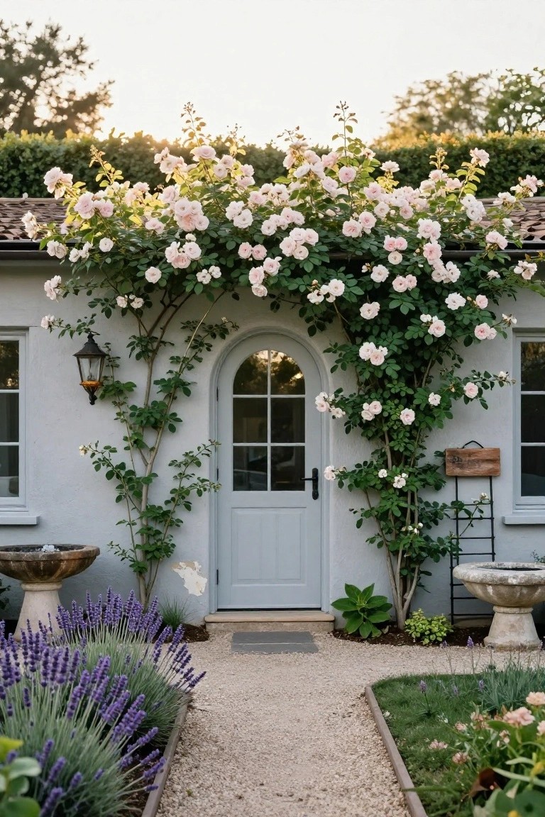 Light gray stucco cottage facade with pale blue arched door and windows, walls covered in pink climbing roses, lantern light beside door, lavender beds and stone birdbaths along gravel path to entry.