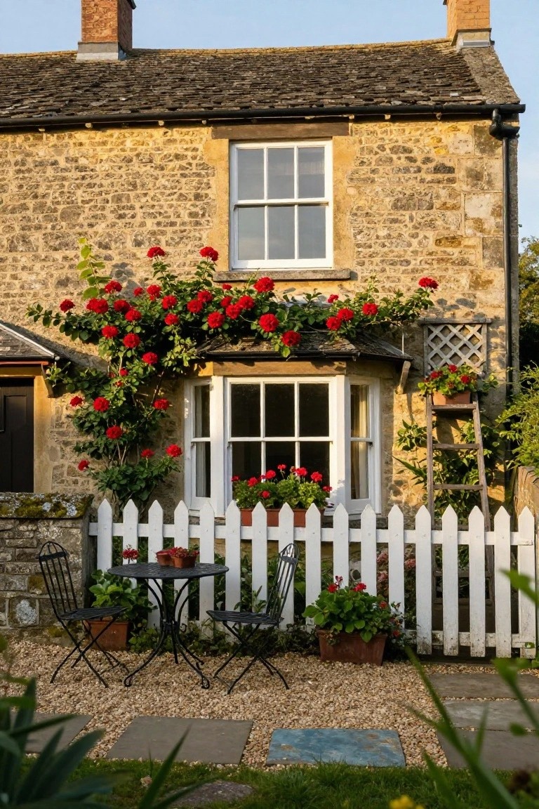 Stone cottage exterior with red climbing roses covering the walls around a bay window and upper facade, white picket fence, bistro table with chairs, and potted plants in the front garden.