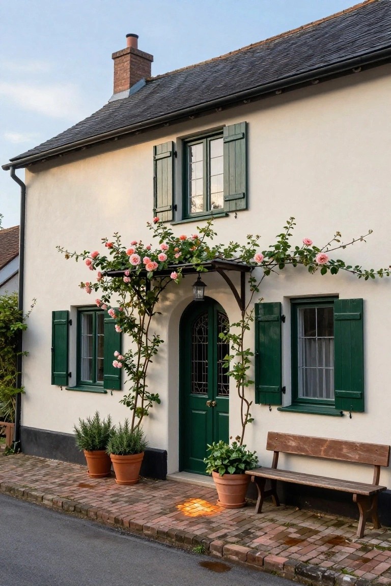 White stucco cottage exterior with dark slate roof, green shutters and arched front door under a porch arch covered in pink climbing roses, flanked by potted rosemary and hydrangea plants with a wooden bench on a brick pathway.