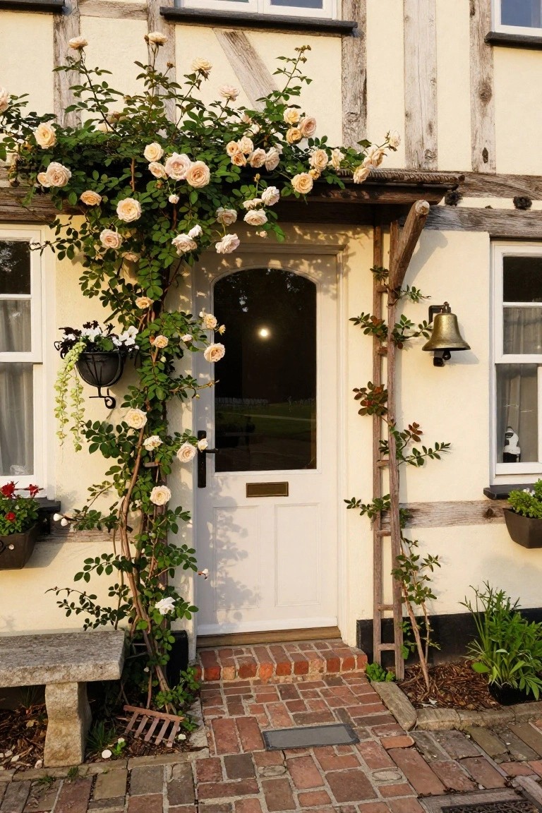 Timber-framed cottage with white arched front door covered in climbing pale pink roses on wooden supports, brass bell light, hanging baskets, flower pots, stone bench, and brick path.