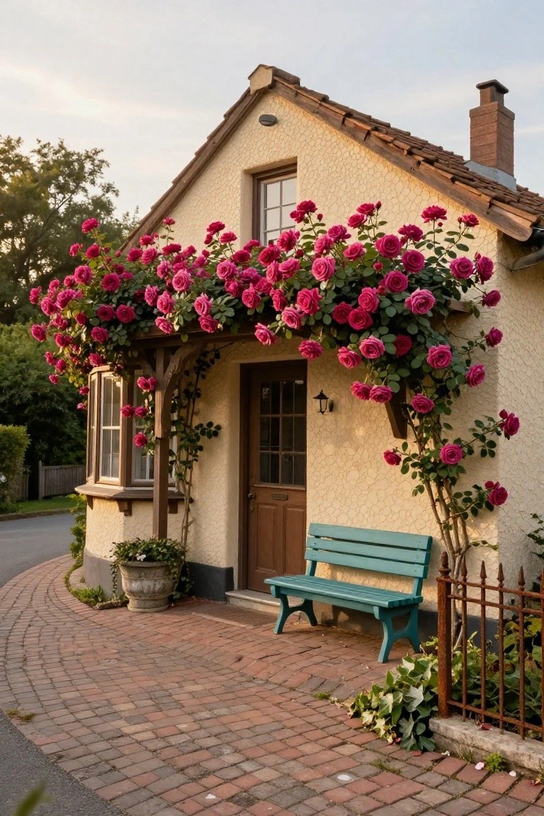 Beige stucco cottage with pink climbing roses covering the wooden porch and facade, turquoise bench on brick path, potted plants, and iron fence.