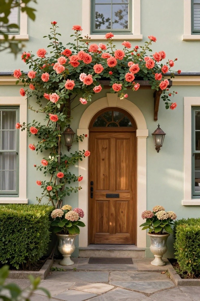 Mint green house exterior with orange climbing roses draping over a wooden arched front door, flanked by copper lanterns, potted hydrangeas in urns, and boxwood hedges on a stone pathway.