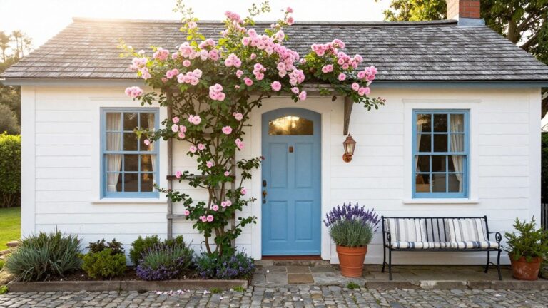 White shingled cottage exterior with pink climbing roses cascading over the corner by a turquoise arched front door, flanked by terracotta lavender pots and a black bench on a pebble path.