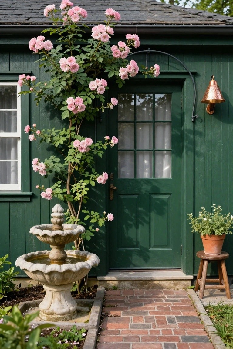 Dark green wooden shed with pink climbing roses growing thickly up the right side over the door and window, white stone two-tier fountain nearby, brick walkway, potted plant on stool to the right.