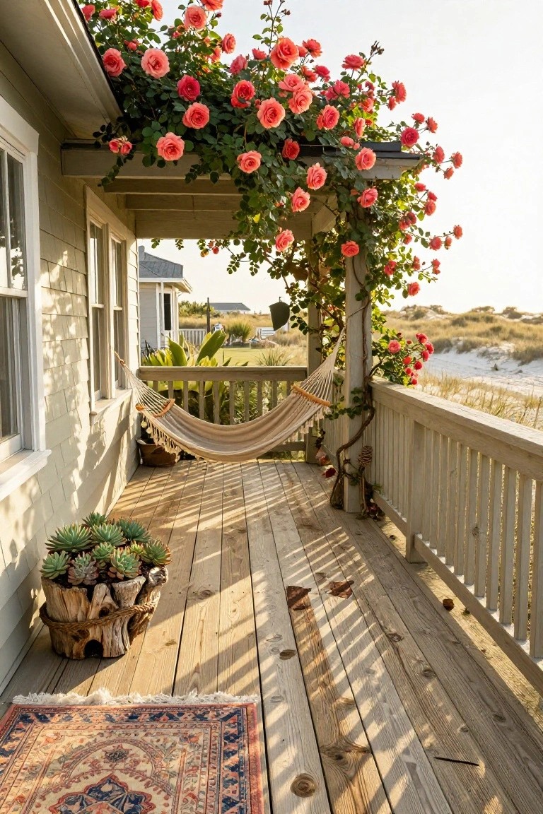 Porch Hammock Under Climbing Roses
