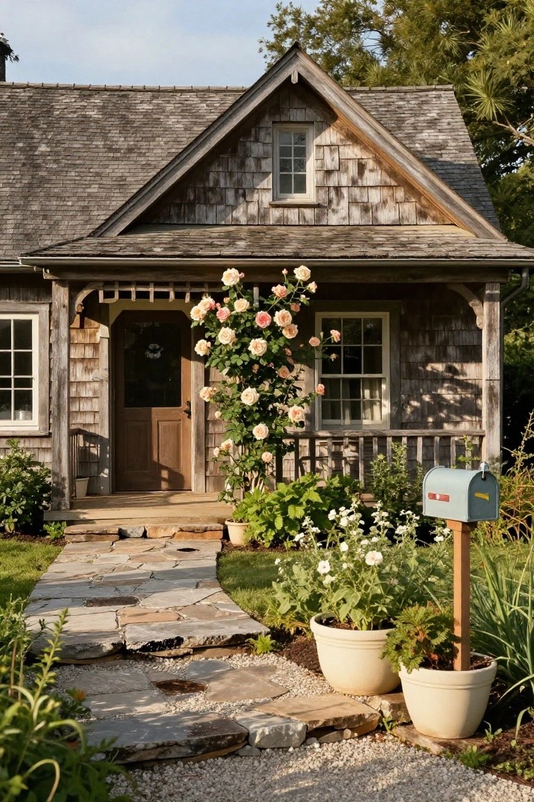 Shingled cottage with gabled roof and front porch, pink climbing roses on porch posts, stone pathway to door, potted plants, and blue mailbox in yard.