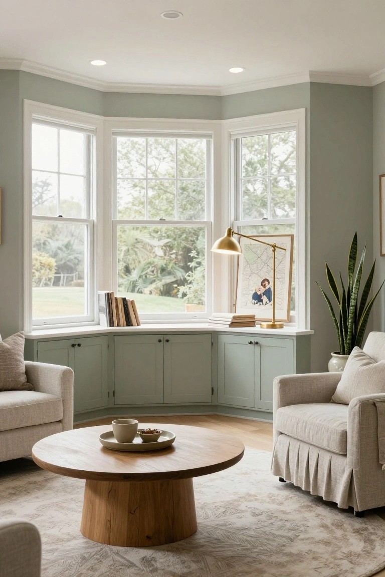 Cozy living room featuring sage green walls, bay window with built-in green cabinets and books, brass arch floor lamp, two cream upholstered armchairs, wooden pedestal coffee table with cups, potted snake plant, and neutral rug on hardwood floor.