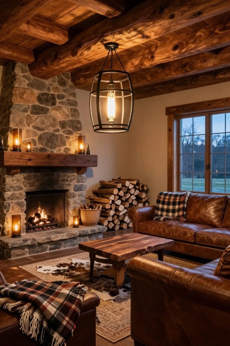 Rustic log cabin living room with exposed beam ceiling, stone fireplace burning wood fire, barrel-shaped metal pendant light, leather sofas with plaid blanket, cowhide rug, firewood stack, candles, and window view of field at dusk.