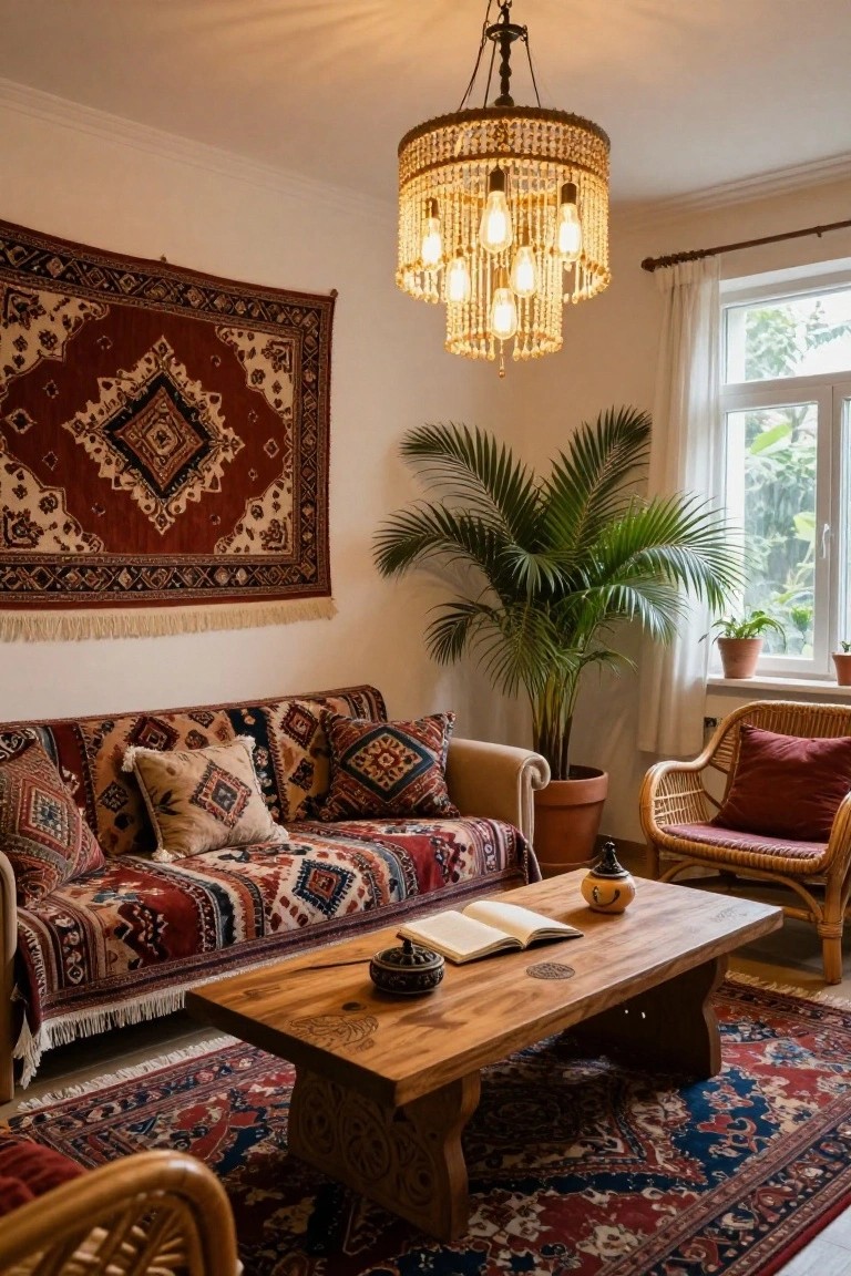 Cozy living room with multi-tiered beaded chandelier, patterned sofa with pillows, wooden coffee table, potted palm plant, rattan chairs, and layered rugs.