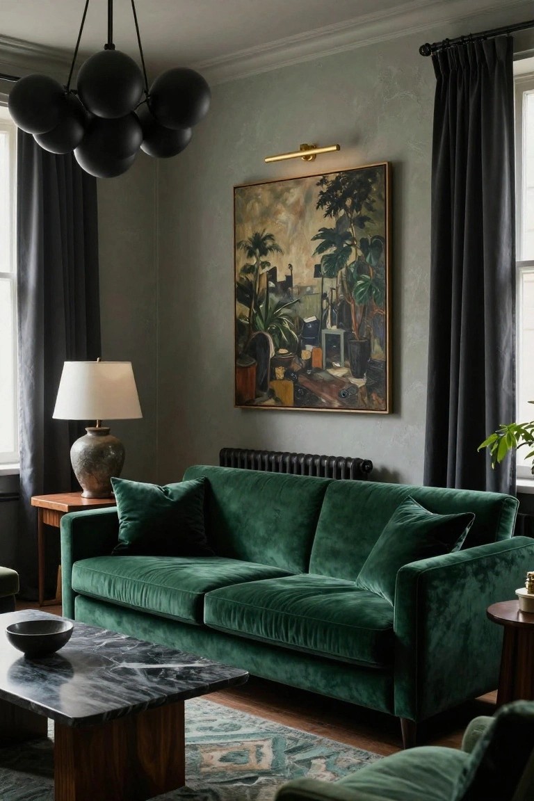 A living room with emerald green velvet sofa, low-hanging black orb chandelier, brass wall sconce over a large tropical painting, terracotta table lamp on wooden side table, and black marble coffee table on patterned rug.