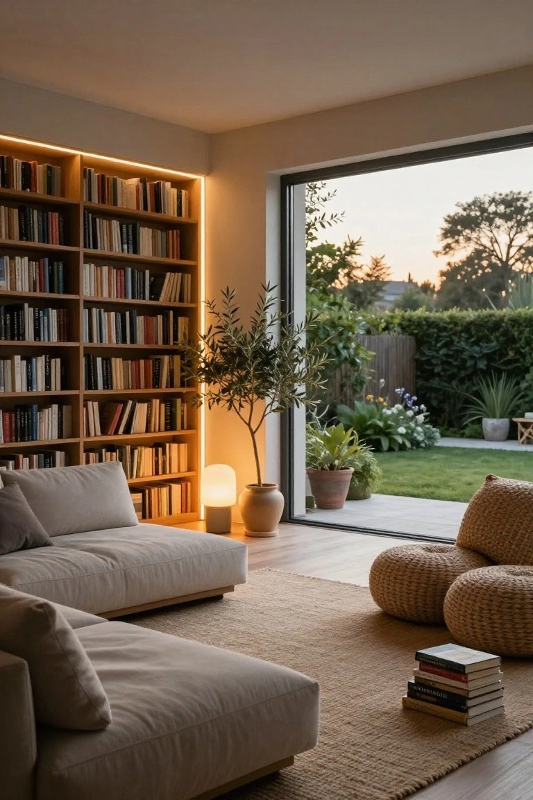 Living room with tall wooden bookshelves outlined by continuous warm LED strip lighting, low beige sofa on a seagrass rug, potted plants, floor lamp, and sliding glass doors to a garden at sunset.