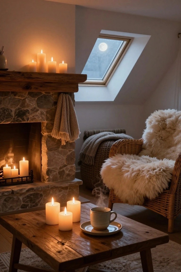 Cozy interior room with stone fireplace burning, multiple lit white pillar candles on wooden mantel and low table, wicker chair draped with sheepskin throw and blanket, cup of tea on saucer, and skylight showing full moon on rainy night.