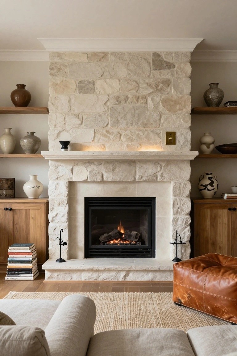 Living room with a tall stone fireplace featuring lit gas flames, wooden cabinets and shelves holding ceramics and books, a leather pouf, seagrass rug, and linen sofa.