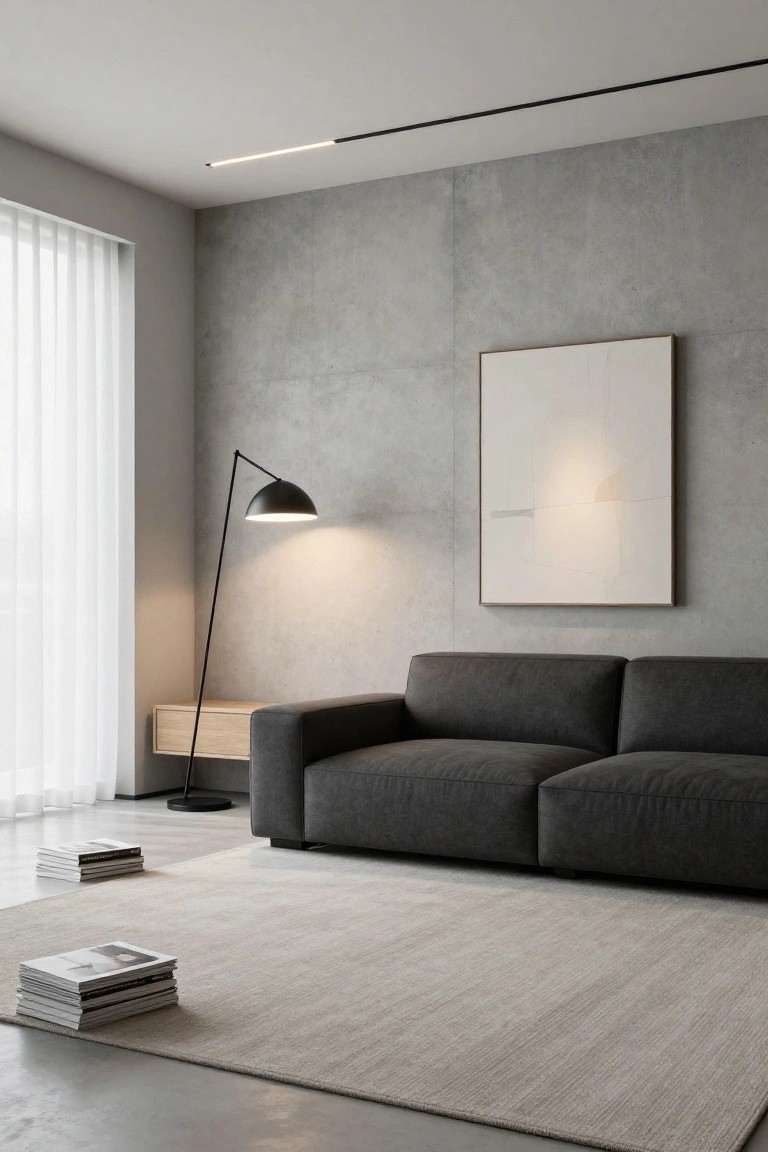 Modern living room with gray concrete walls, black arched floor lamp next to dark gray L-shaped sofa on beige rug, linear ceiling track light, large white-framed abstract painting, wood side table, stacked magazines, and sheer curtains over window.