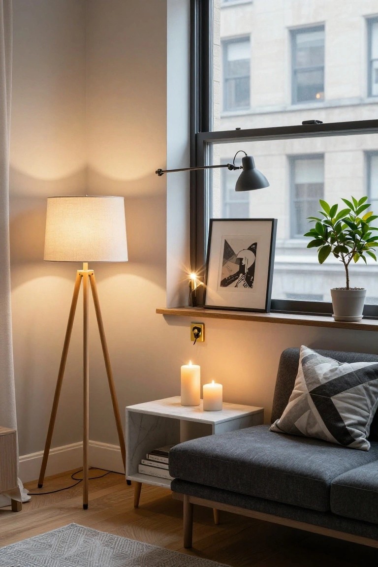 Cozy corner with tripod floor lamp, marble side table, candles, and window seat.