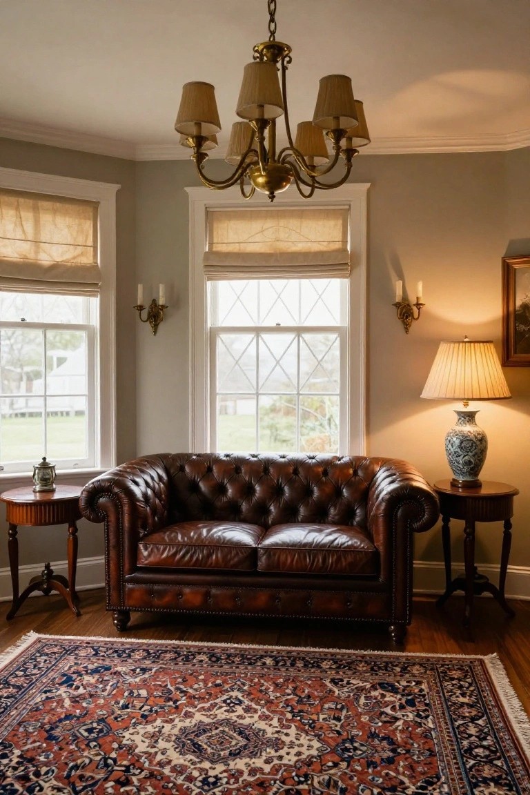 A traditional living room with a brass chandelier featuring fabric shades over a brown leather tufted sofa, flanked by wooden side tables with lamps, wall sconces near large multipaned windows with linen shades, and a patterned rug on hardwood floors.