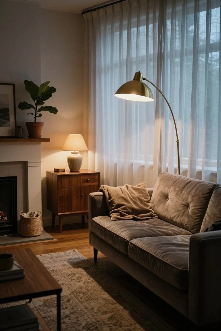 Cozy living room corner featuring a tufted velvet sofa, wooden side table with ceramic lamp, tall gold arched floor lamp, potted plants, fireplace, and sheer curtained windows.