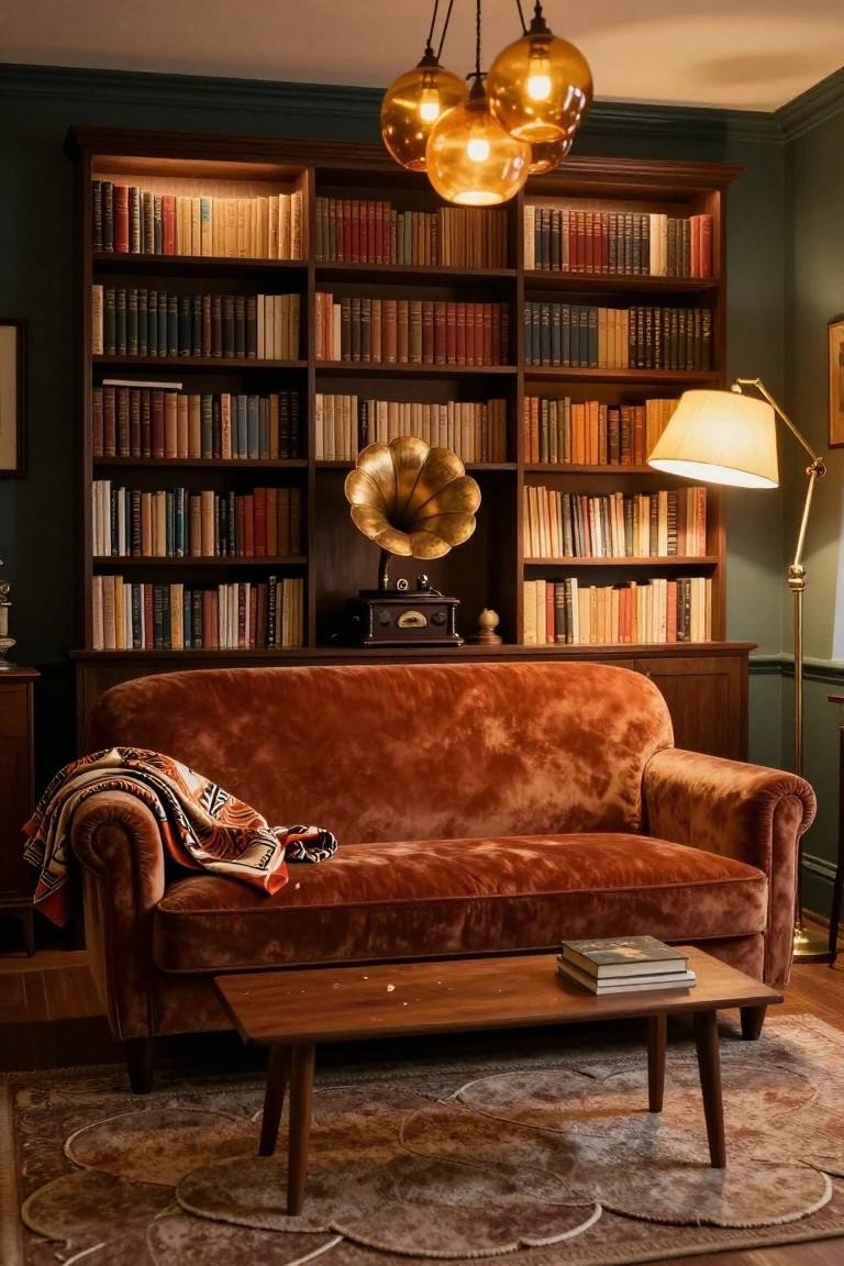 A cozy living room featuring tall wooden bookshelves filled with books, an orange velvet sofa with a throw blanket, a wooden coffee table with books, a brass gramophone on a stand, amber pendant lights overhead, a floor lamp, and a patterned rug on hardwood floors.