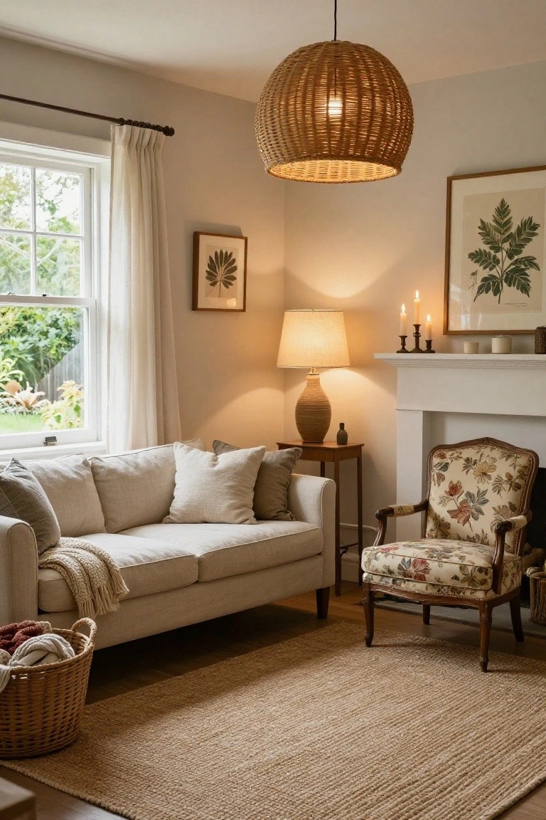 Cozy living room with beige sofa, woven pendant light, and floral armchair.